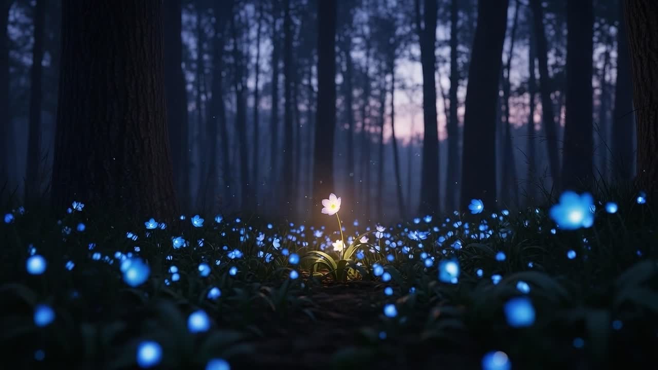A Beautiful Glimpse of Nature's Serenity: A Radiant Flower Emerging Amidst a Mystical Forest Filled with Ethereal Blue Blossoms at Dusk
