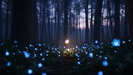 a beautiful glimpse of nature's serenity: a radiant flower emerging amidst a mystical forest filled with ethereal blue blossoms at dusk