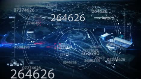 Multiple-numbers-changing-against-scope-scanning-over-cityscape