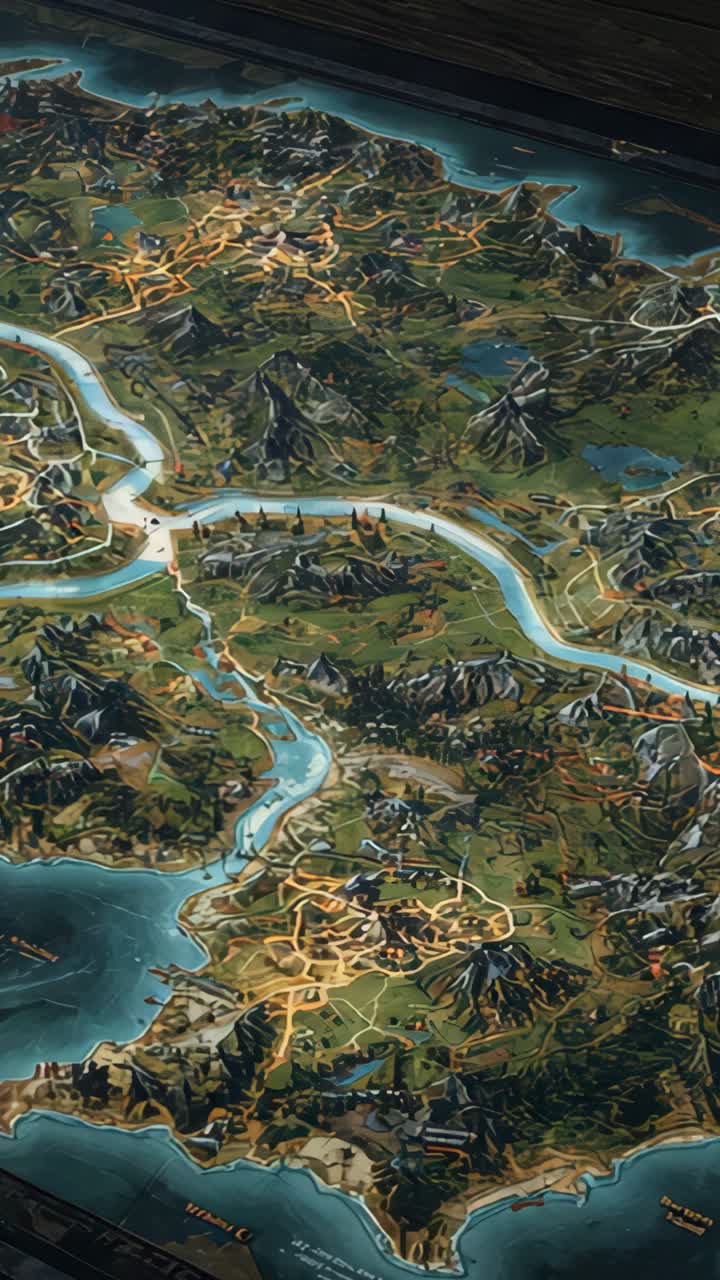 Vertical video: Camera opening framing 3D map in control room, showing illuminated roads and rivers