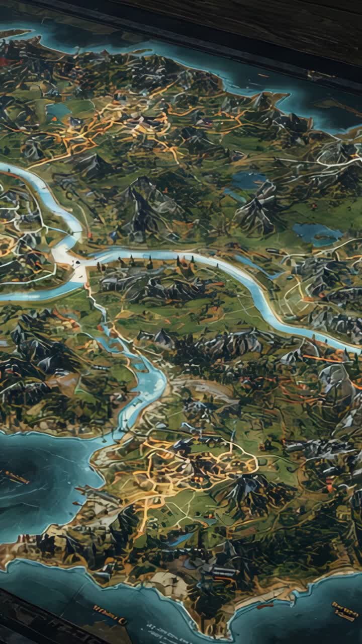 Vertical video: Camera opening framing 3D map in control room, showing illuminated roads and rivers