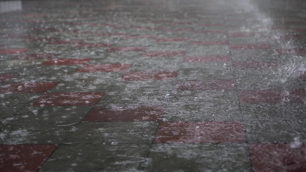 Heavy rain on a city street. Great summer downpour. Large drops fall on the asphalt.