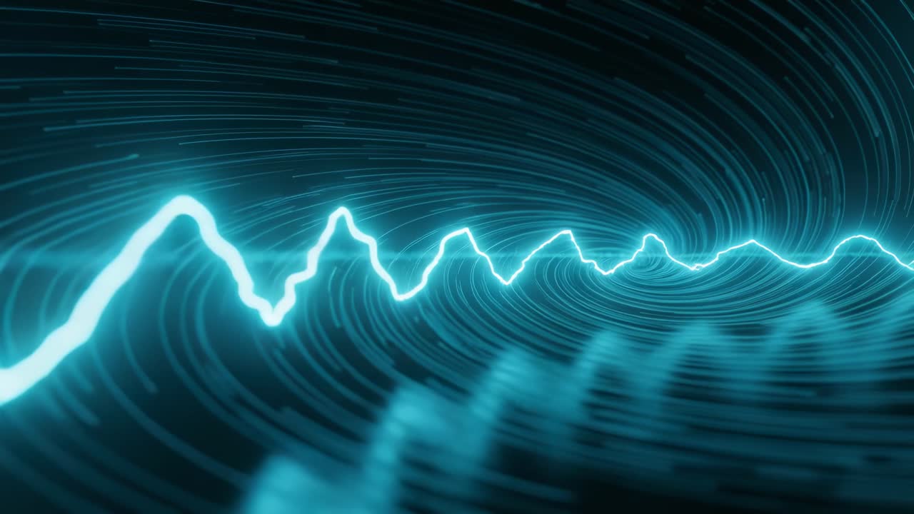 Pulsing cyan waveform reacting to left pulses, spiking toward spiral core in tunnel with waves