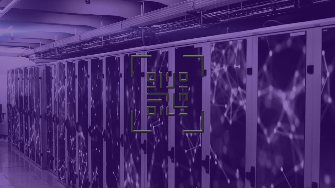 Animation of neon qr code over server room in violet