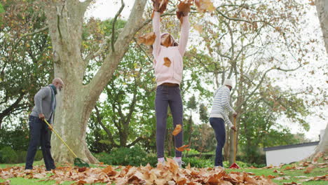 African-American-grandfather-raking-leaves,-granddaughter-playing,-father-helping