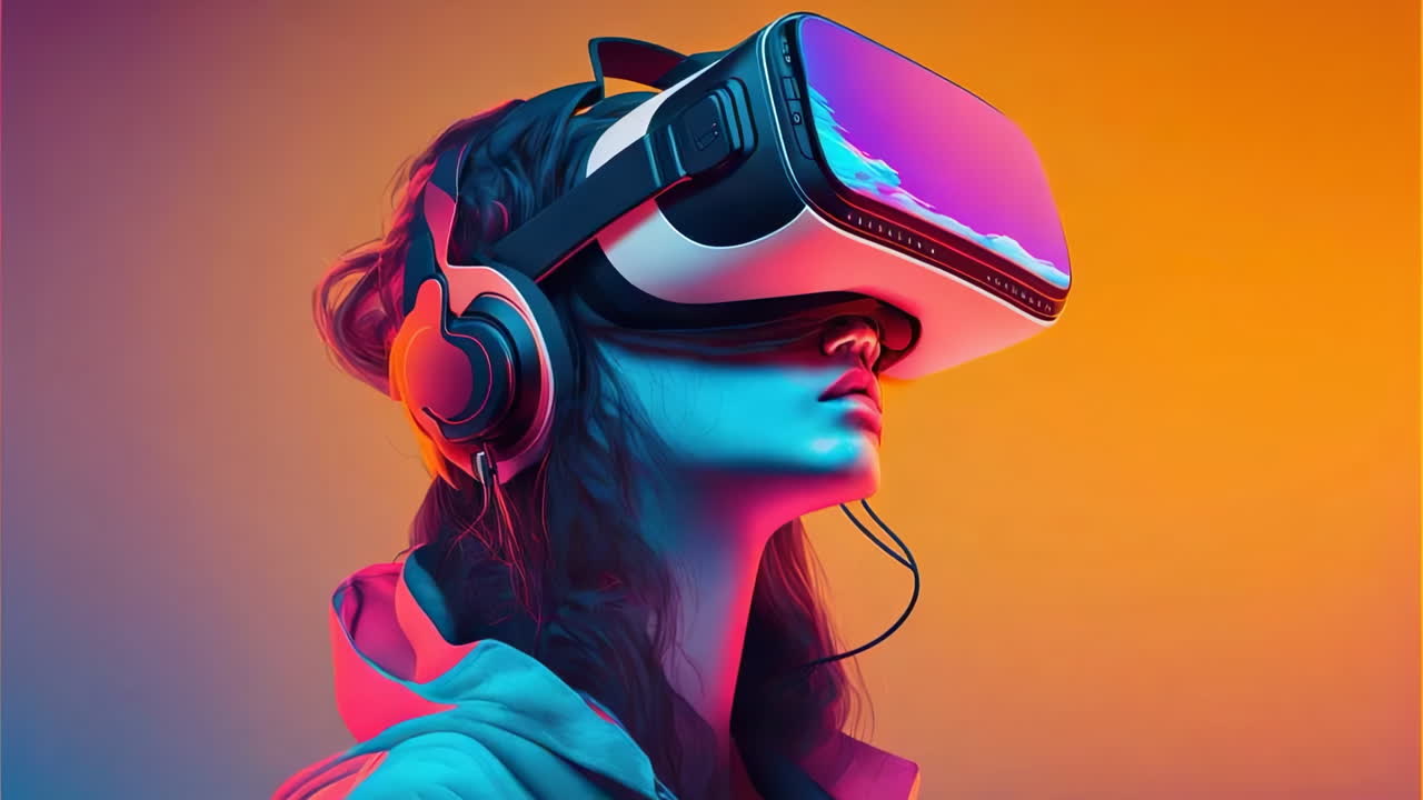 Woman Immersed in Virtual Reality with Neon Lighting