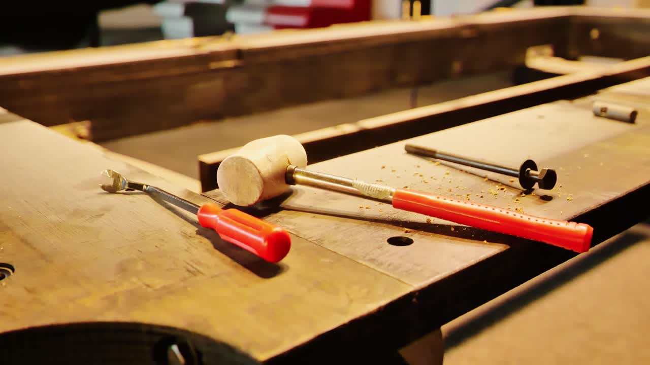 Repair tools, hammer, screwdriver, screws on old pool table frame, workshop, 4K