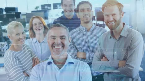 Animation-of-data-processing-over-portrait-of-diverse-businesspeople-smiling-at-office