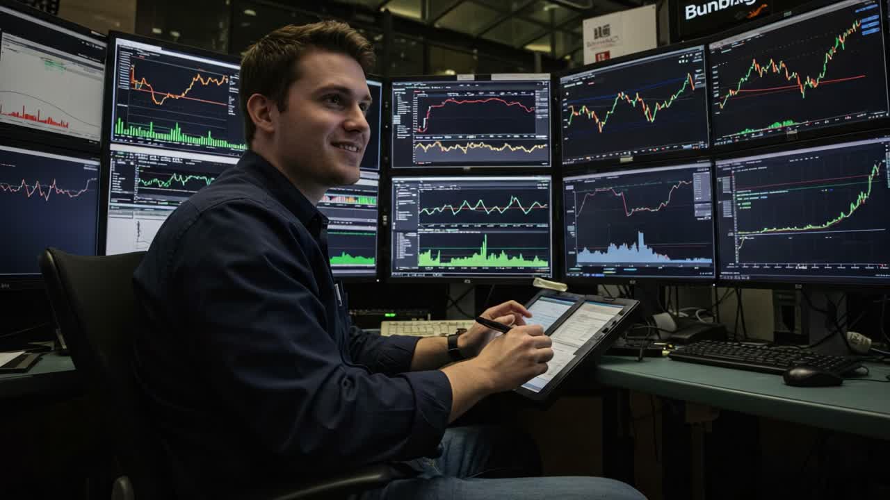 Focused Trader Analyzing Market Trends with Multiple Monitors in Financial Trading Environment, Utilizing Technology to Maximize Investment Strategies and Make Informed Decisions