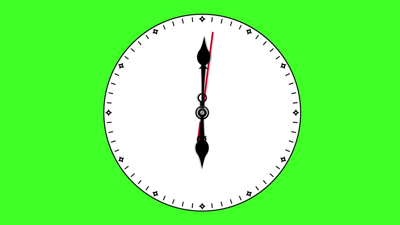 Round clock loop with hour and minute hands on green chroma key. Motion on white clock face. Animated 4k video