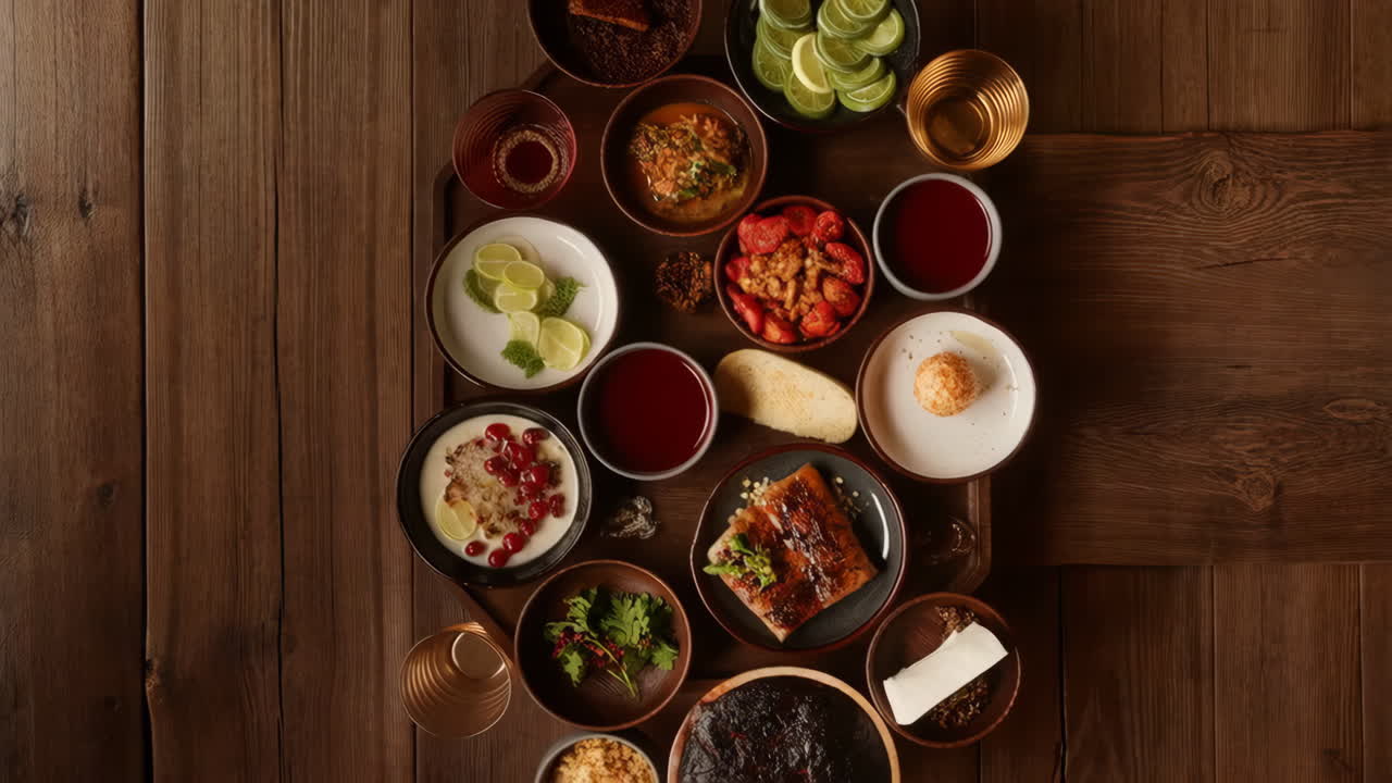Overhead view of assorted dishes and ingredients on a wooden table