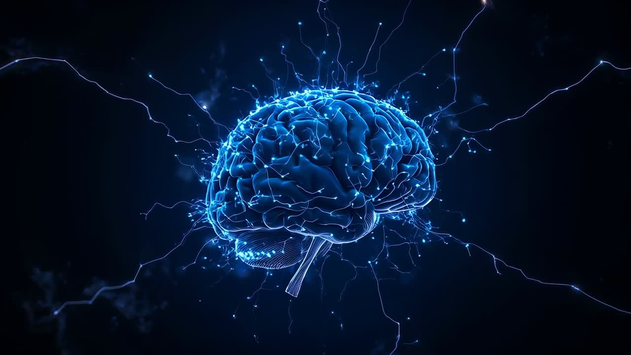 Appearing blue brain model pulsing and sending sparks along filaments in void simulating activation