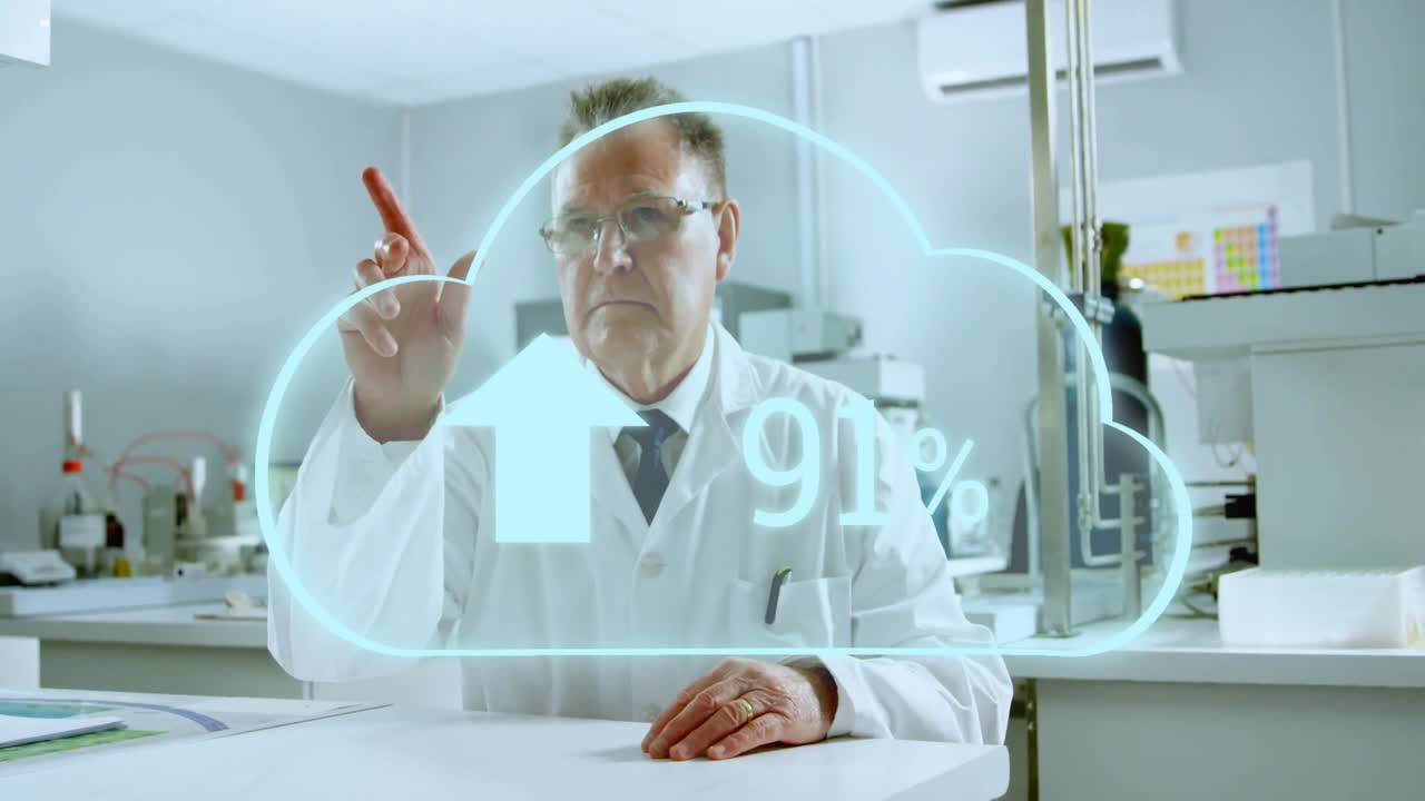 Scientist in lab coat interacting with cloud upload animation in laboratory