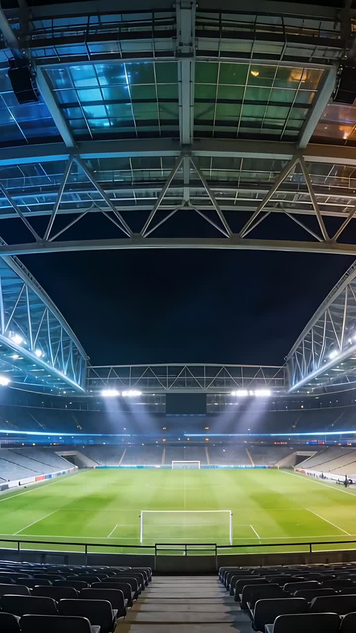 Video verticale: I riflettori si accendono, la telecamera si muove a panoramica per enfatizzare la capriata del tetto e la porta centrale.