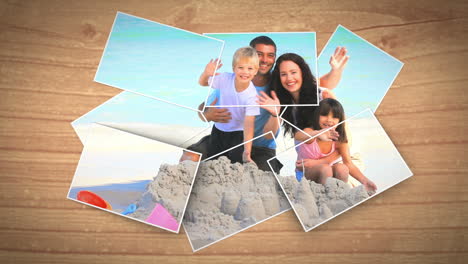 fotos instantáneas cayendo y mostrando una familia en la playa