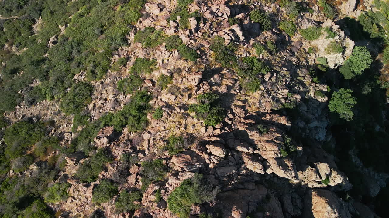 vista de pájaro sobre la montaña rocosa con vegetación mediterránea verde en un día soleado en cerdeña, italia - toma aérea de drones