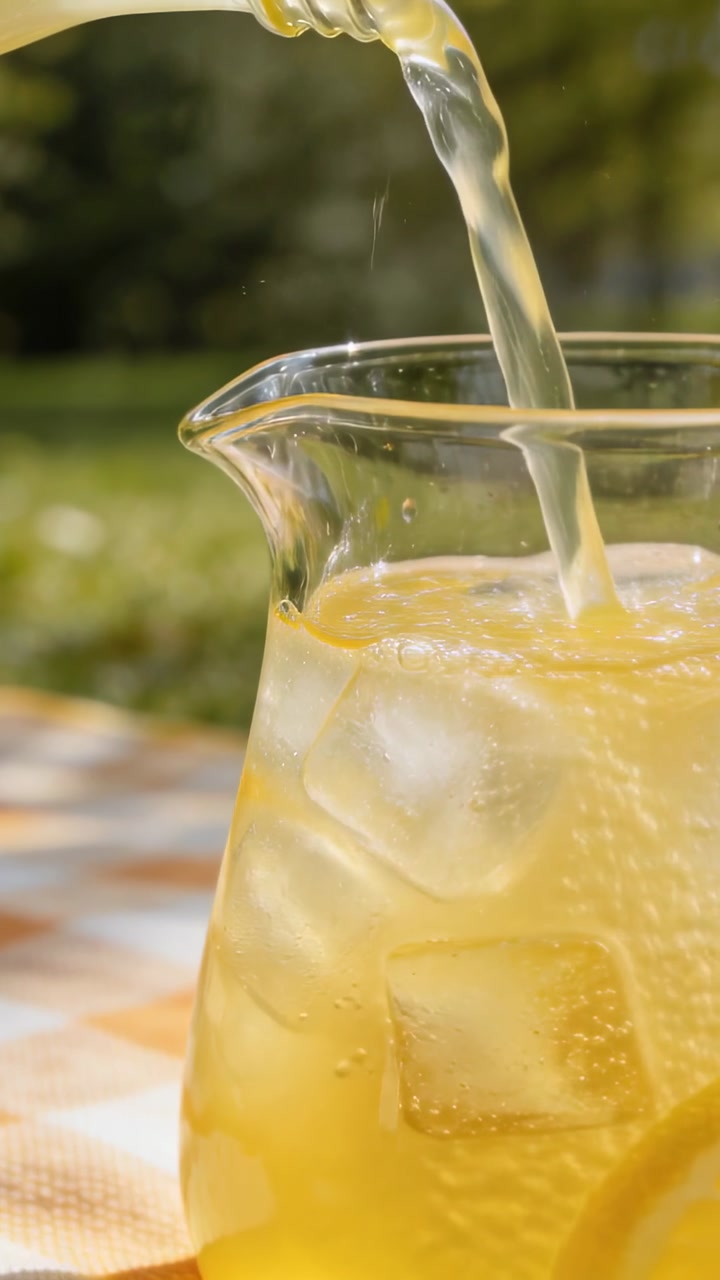Pouring Refreshing Lemonade with Ice into a Glass Pitcher Outdoors