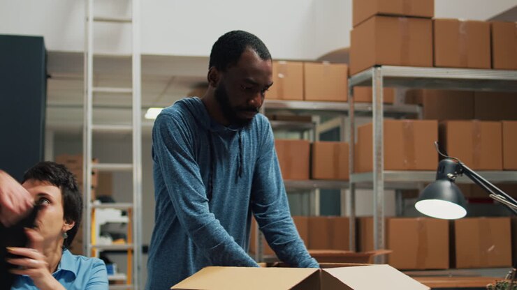 Warehouse employees packing products