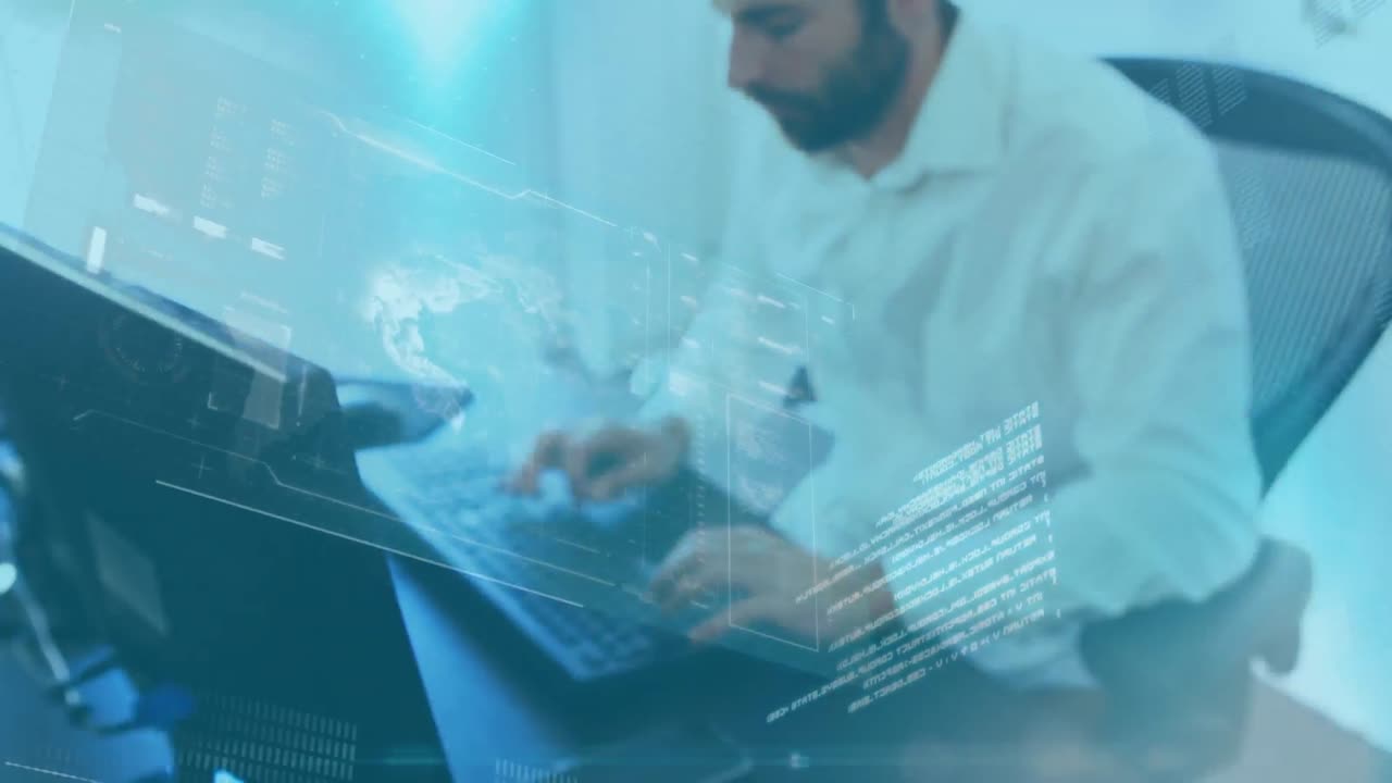 animación del procesamiento de datos financieros sobre el empresario que trabaja en la oficina