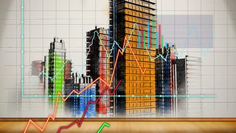 animación del procesamiento de datos financieros sobre el paisaje urbano