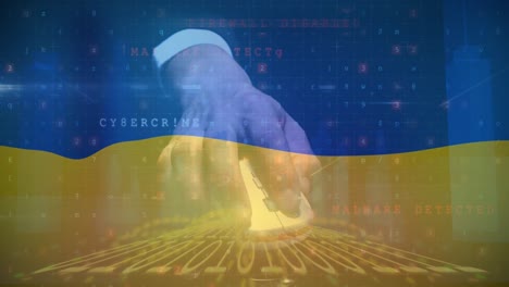 animation of hand of caucasian male hacker over flag of ukraine