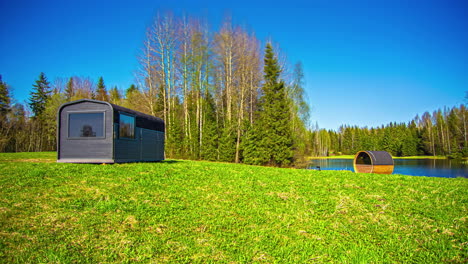 Family-and-friends-enjoying-a-trailer-campsite-on-a-clear-autumn-day---time-lapse