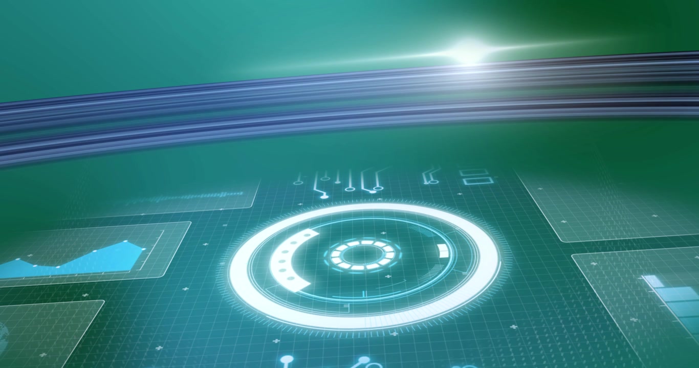 Spot of light and digital interface with round scanner and data processing against blue background
