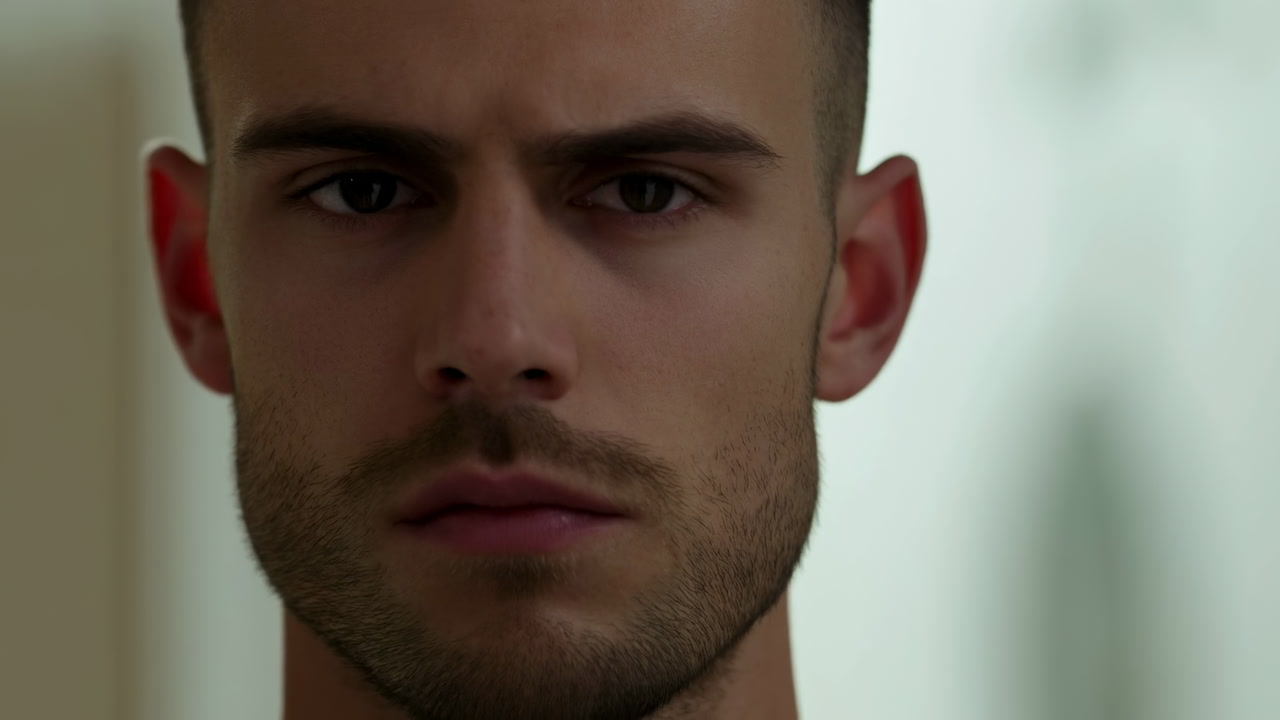 Closeup Portrait Man With Suspicious Gaze. Young Professional In Indoor Hallway, Tense Expression, Slight