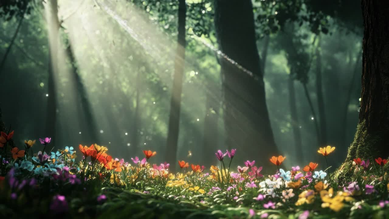 A low-angle video frame captures a serene forest with sunlight filtering through trees