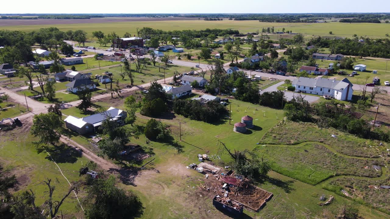 Drone shot over Twister devastation in the Plevna town, sunny day in Kansas, USA