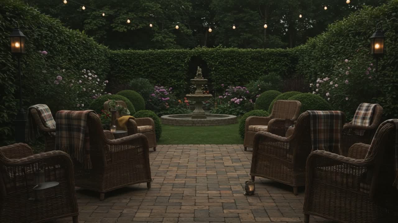 Serene Outdoor Garden Retreat with Cozy Chairs, Beautiful Fountain, Lush Greenery, and Warm Ambient Lighting for Relaxation and Gatherings