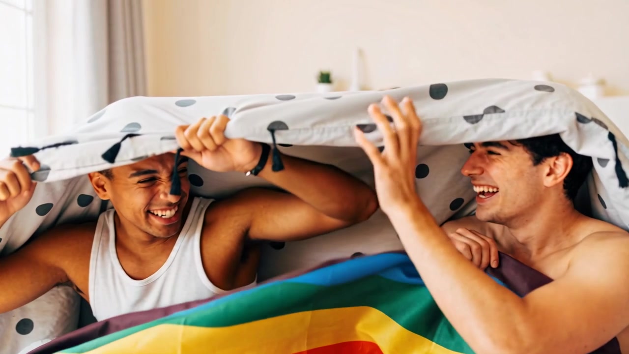 Hai người đàn ông mỉm cười mặc áo ba lỗ, kéo chăn bông chấm bi trùm qua đầu, chăn "pride" trên đùi trong phòng ngủ.