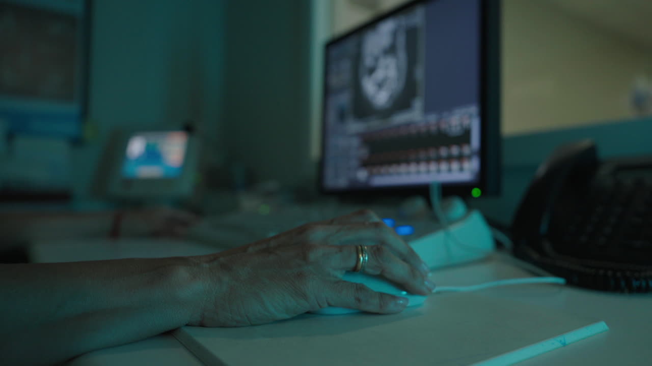 Medical professional using a computer and mouse in a hospital setting