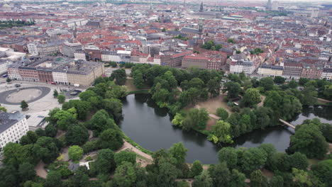 from above, you can see ørstedsparken in central copenhagen with its green trees and lakes, embraced by surrounding buildings