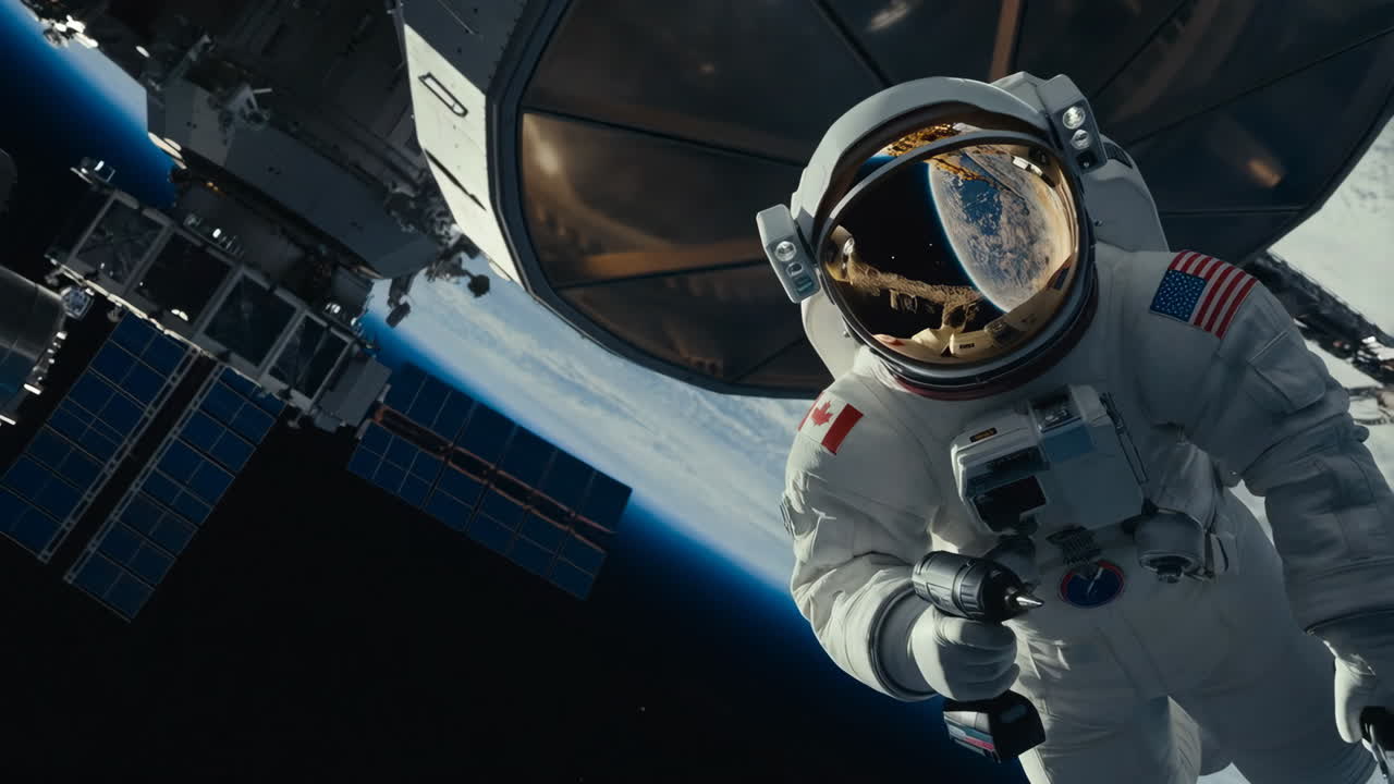Astronauta in passeggiata spaziale vicino alla Stazione Spaziale Internazionale con la Terra sullo sfondo