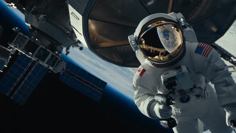 Astronaut on a Spacewalk Near the International Space Station with Earth in the Background