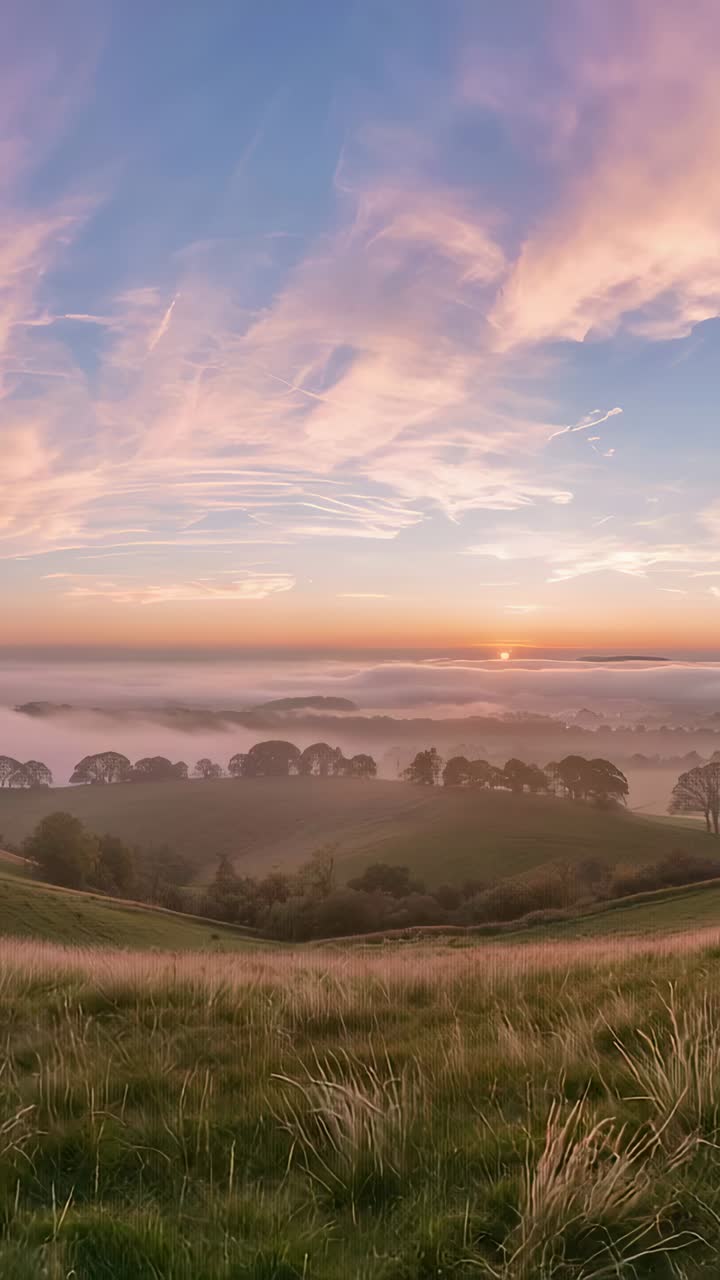 Vertikales Video: Aufgehende Sonne färbt den Himmel über sanftem, grasbewachsenem Hügel, Nebel lichtet sich um die Baumgrenze.