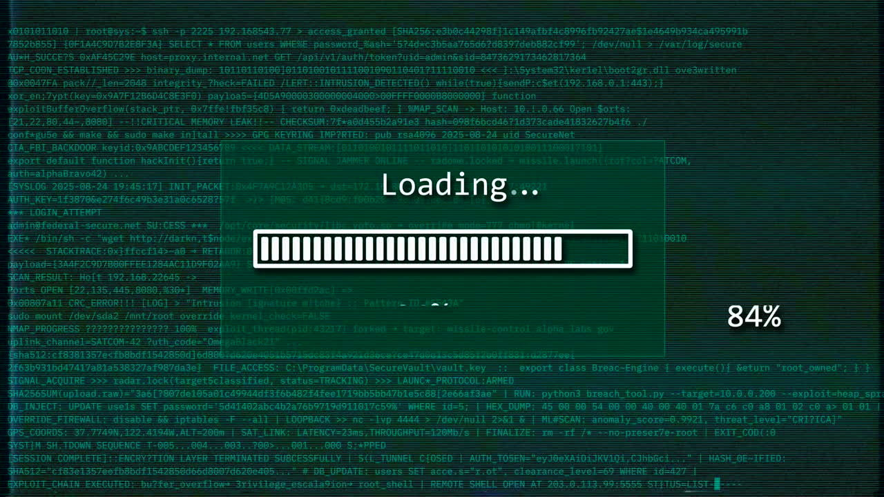 Digital Loading Progress Bar Animation with Code Background, System Processing and Completion Interface Loop