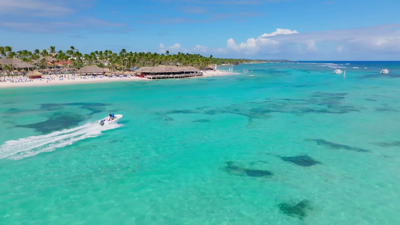 Speed Boat Across The Caribbean Sea Of Playa Blanca, Punta Cana Resort In Dominican Republic