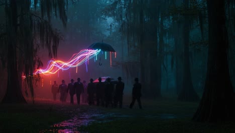a surreal procession: a group in formal attire walks beneath a colorful umbrella of light, creating an enigmatic atmosphere amid a foggy forest setting