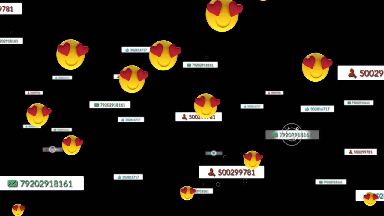 검은색 배경에 미디어 및 이모지 아이콘의 애니메이션