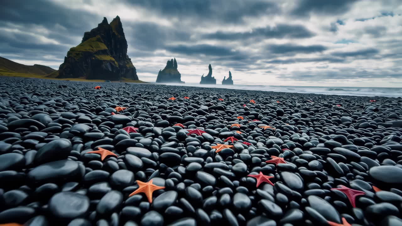Black Sand Beach with Starfish and Basalt Columns