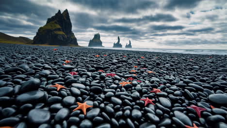 black sand beach with starfish and basalt columns