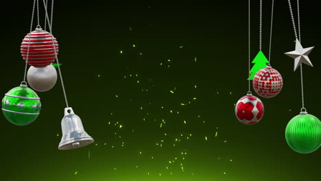 animation of christmas baubles and snow falling on green background