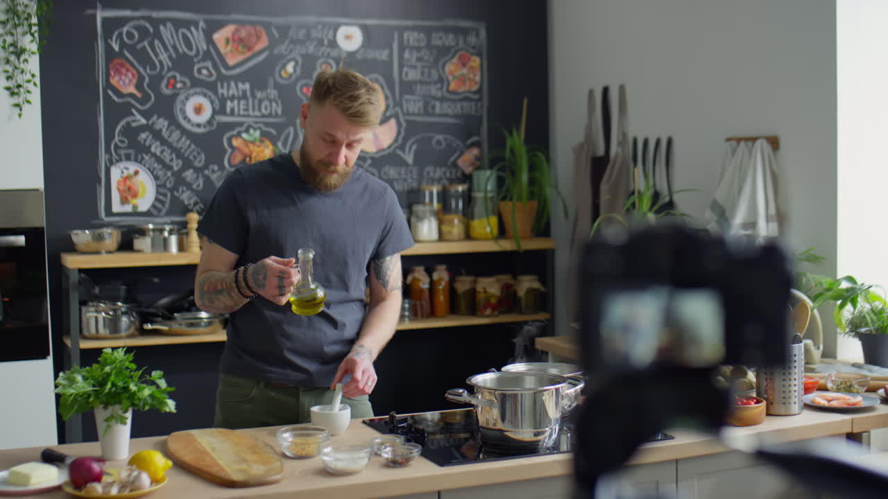 Food Blogger Cooking and Talking on Camera while Filming Vlog