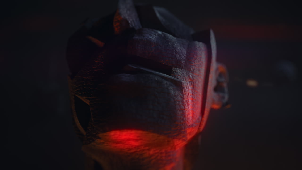 Crushed and burned android head on spike in hell