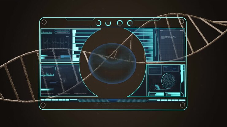 Animation of dna strand over interface processing blood cell data on black background