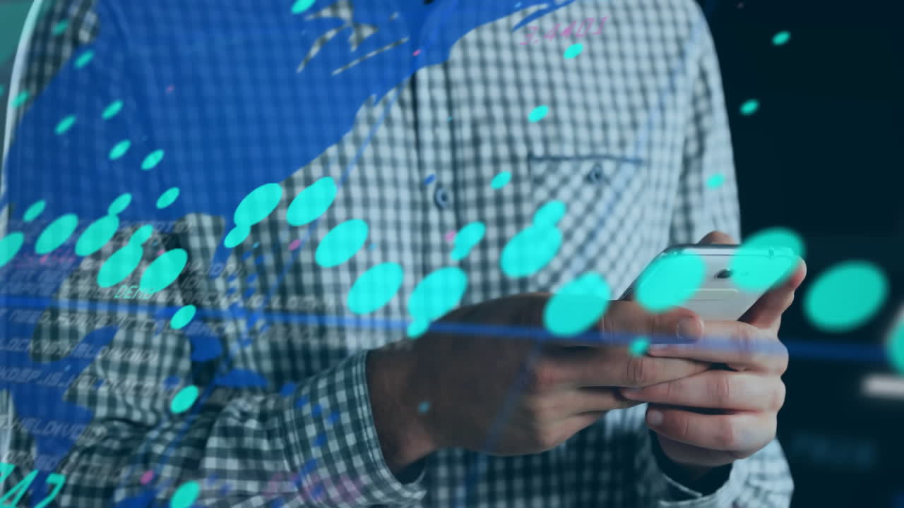 Using smartphone, person interacting with digital data animation over screen