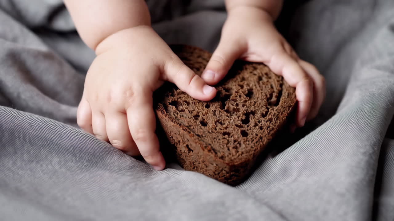 Child's Hands Holding Heart-Shaped Dark Bread