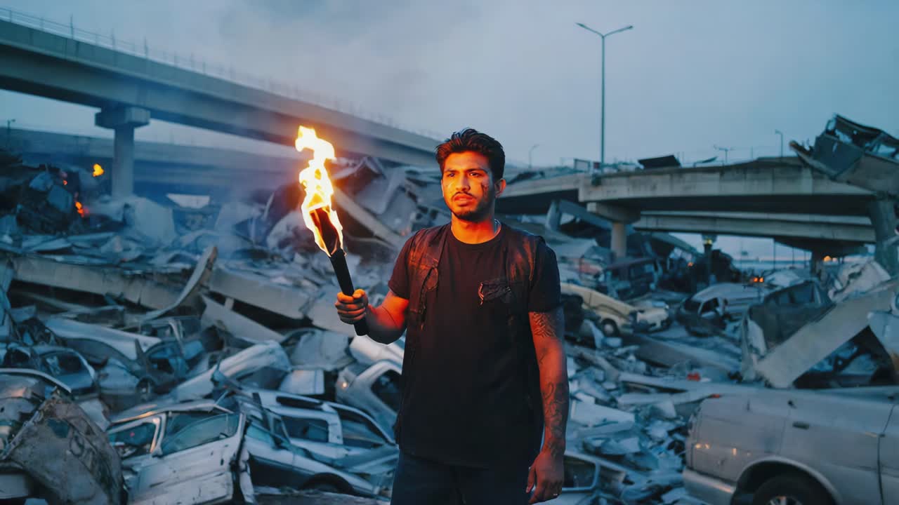 Man with Torch in Disaster Zone